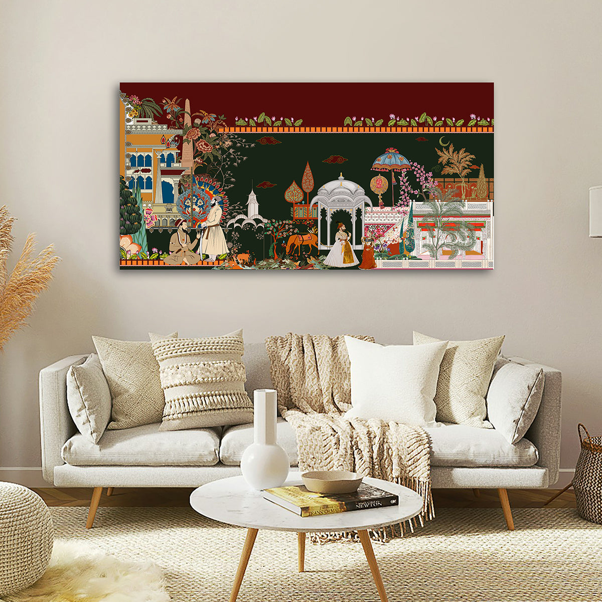 Royal Mughal Court Scene Canvas Wall Painting | Traditional Indian Miniature Artwork | Premium Heritage Wall Decor