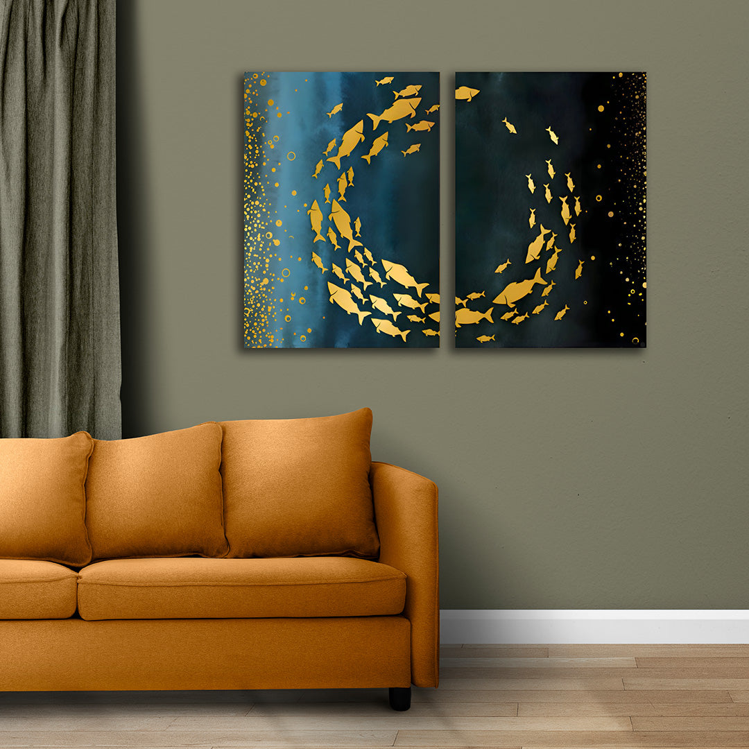 Abstract Gold Fish Canvas Painting Wall Art – Large Size Frame for Living Room (18 x 24 Inches Each Part)