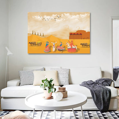 Rajasthani Culture Canvas Painting Frame Wall Decor for Living Room Desert Folk Art Artwork