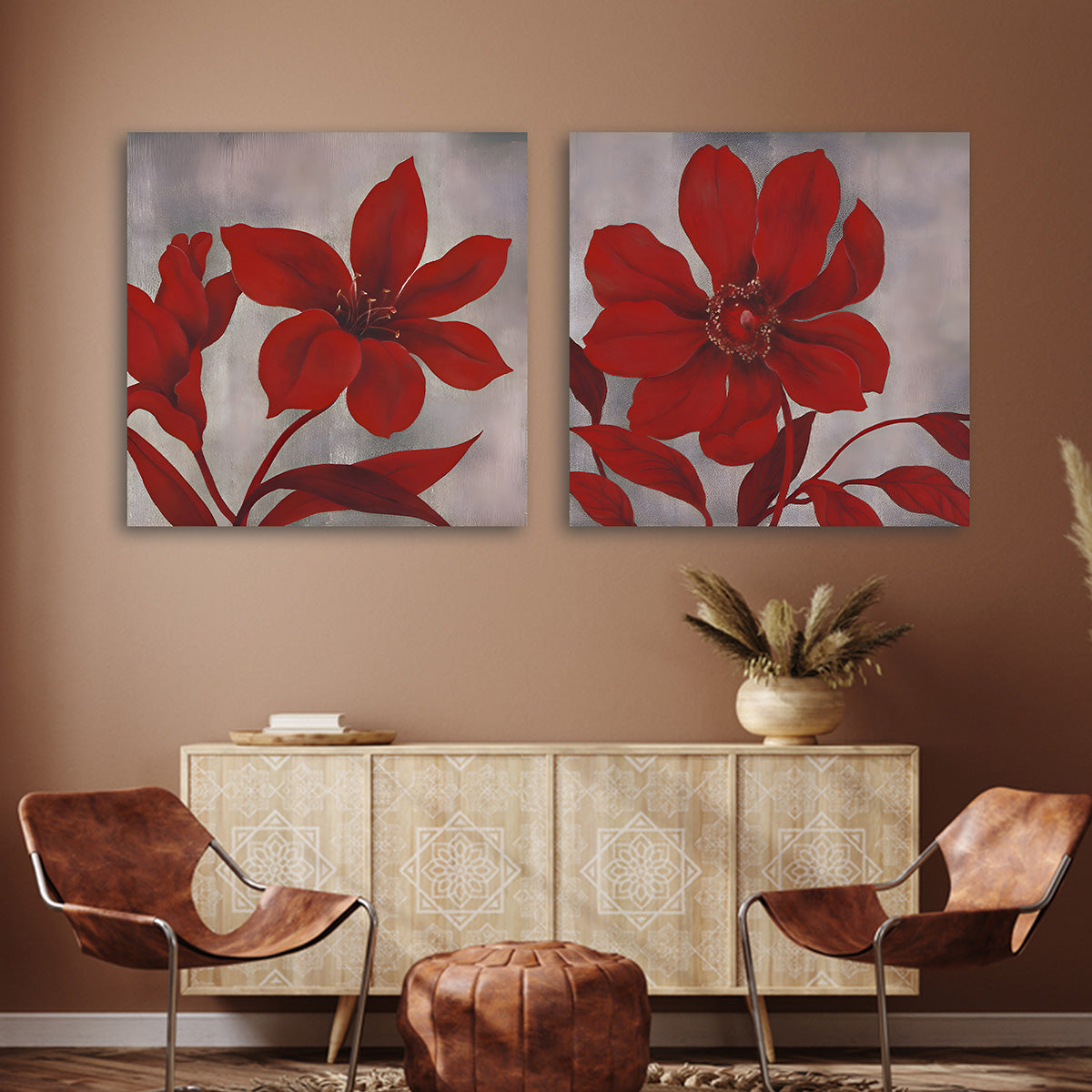 Abstract Red Floral Canvas Painting Wall Art Set – Large Size Frame for Living Room (18 x 18 Inches Each Part)