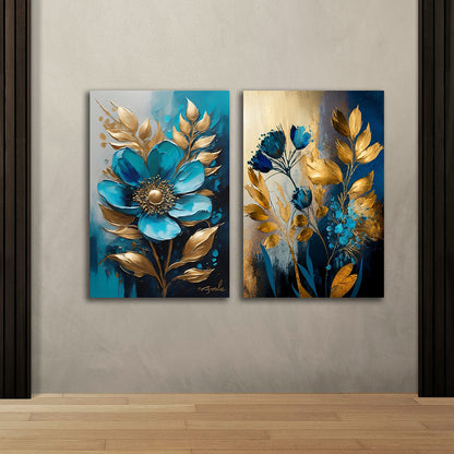 Teal Blue Gold Floral Canvas Painting Set of 2 Modern Wall Art (18 x 24 Inches Each Part)
