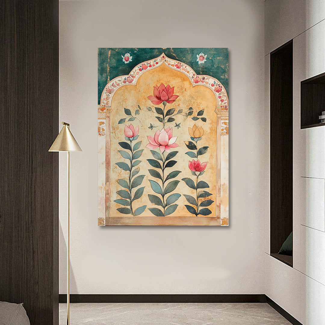 Mughal Floral Arch Canvas Wall Art | Lotus Botanical Painting | Elegant Indian Heritage Decor