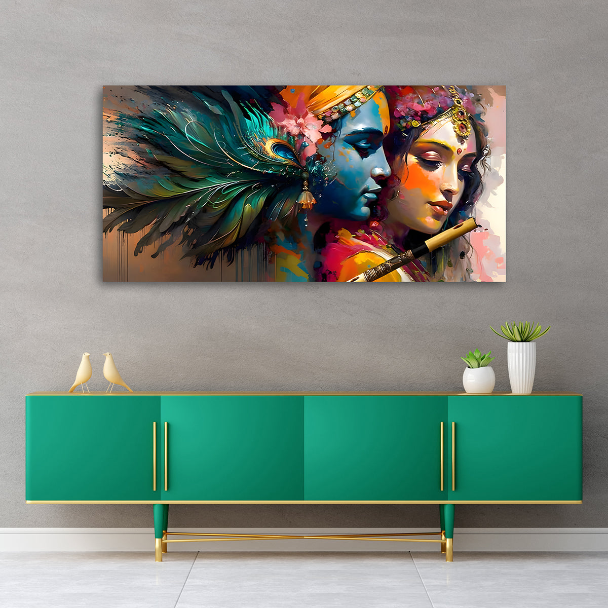 Radha Krishna Abstract Wall Painting with Peacock Feather | Romantic Spiritual Canvas Art for Home Decor