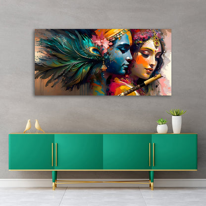 Radha Krishna Abstract Wall Painting with Peacock Feather | Romantic Spiritual Canvas Art for Home Decor