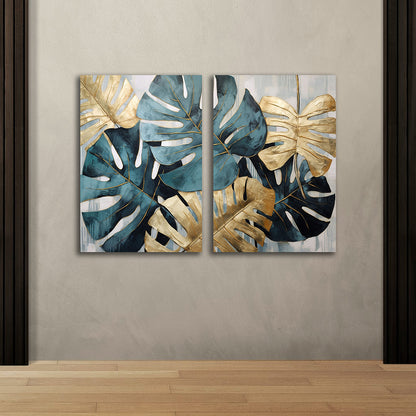 Monstera Leaf Canvas Wall Art 2 Panel Botanical Painting Decor (18 x 24 Inches Each Part)
