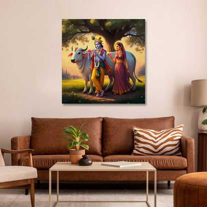 Radha Krishna with Cow Canvas Painting Frame Wall Decor for Living Room Spiritual Nature Artwork