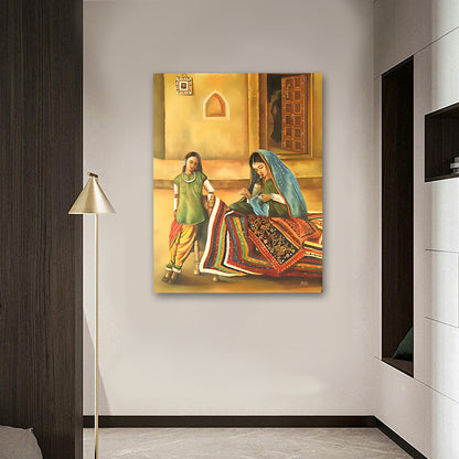 Traditional Indian Village Life Wall Painting | Handmade Craft Scene Canvas Art for Home Decor