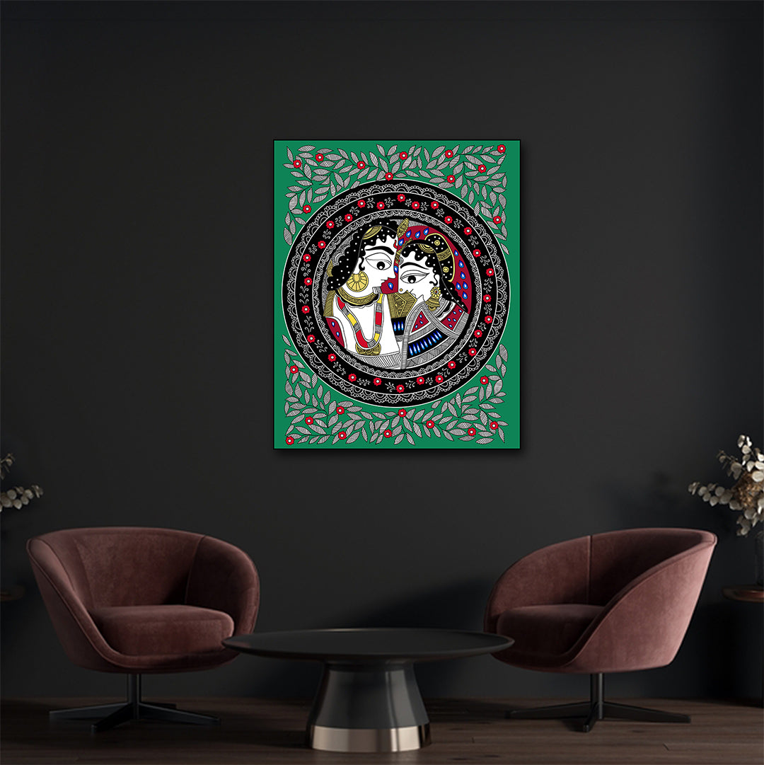 Canvas Pichwai Painting Wall Frame | Traditional Madhubani Radha Krishna Art | Ethnic Indian Folk Portrait with Leafy Circular Border Modern Wall Art Decors
