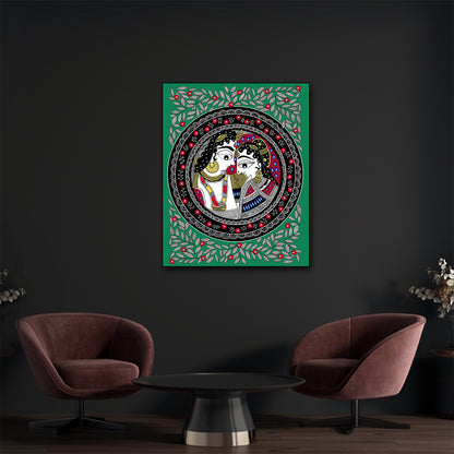 Canvas Pichwai Painting Wall Frame | Traditional Madhubani Radha Krishna Art | Ethnic Indian Folk Portrait with Leafy Circular Border Modern Wall Art Decors