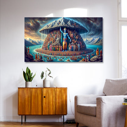 Govardhan Krishna Canvas Painting Frame Wall Decor for Living Room Spiritual Mountain Artwork