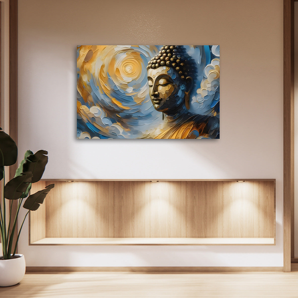 Golden Buddha Abstract Wall Painting | Modern Spiritual Canvas Art for Living Room & Home Decor
