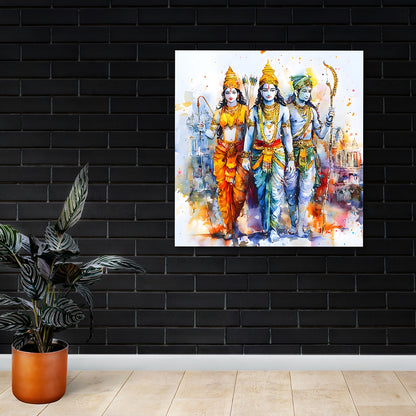 Ram Darbar Canvas Wall Painting Frame | Modern Watercolor Spiritual Canvas Wall Art for Living Room | Large Size Ram Lakshman Sita Painting