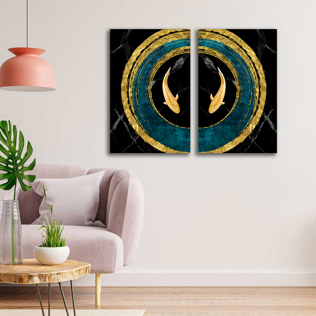 Abstract Gold Koi Fish Circle Canvas Painting Wall Art Set – Frame for Living Room (18 x 24 Inches Each Part)
