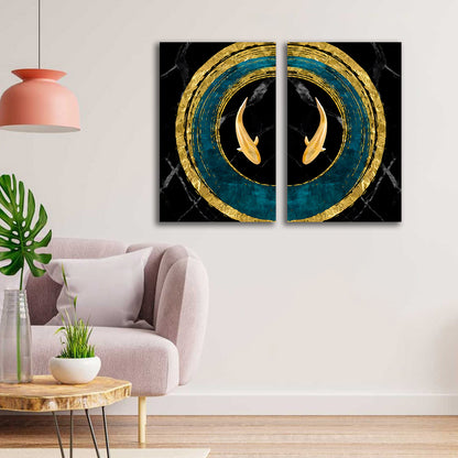 Abstract Gold Koi Fish Circle Canvas Painting Wall Art Set – Frame for Living Room (18 x 24 Inches Each Part)