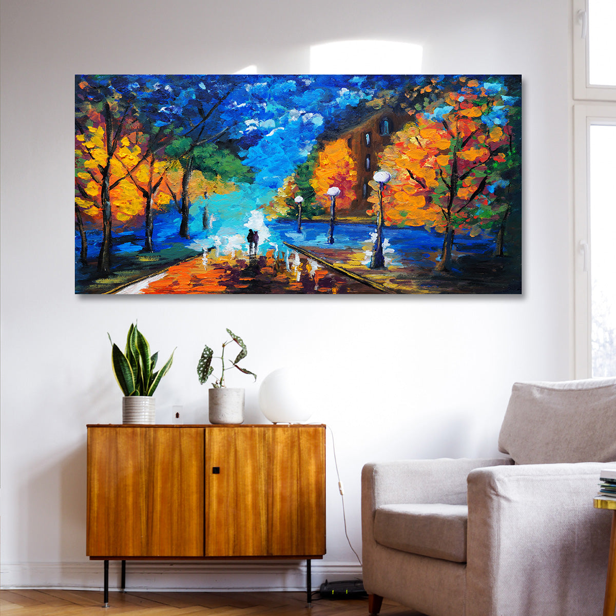 Colorful Night Park Landscape Canvas Wall Art Modern City Painting