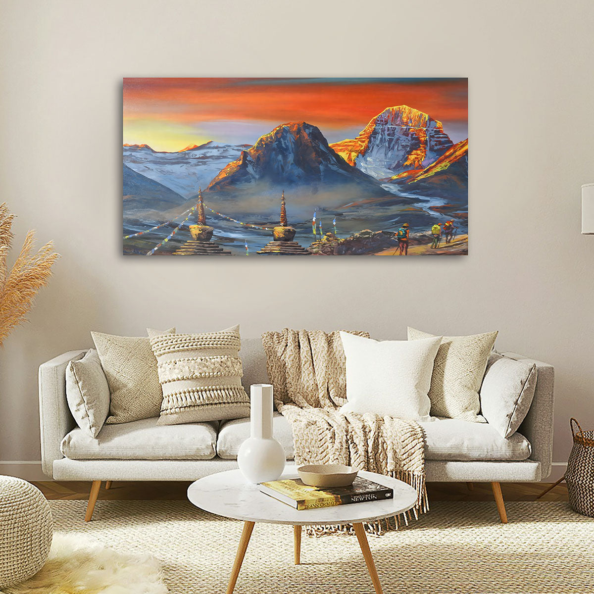 Himalayan Sunrise Landscape Canvas Painting with Snow Mountains & Prayer Flags – Large Size Canvas Wall Art for Living Room