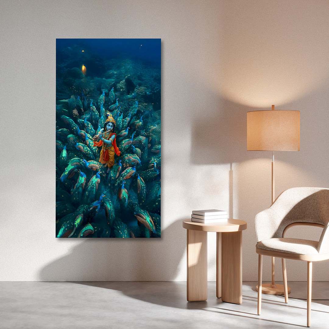 Krishna with Peacock Fantasy Canvas Painting Frame Artistic Spiritual Wall Decor for Living Room