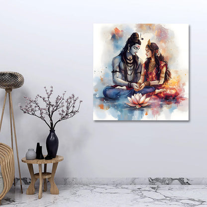Shiv Parvati Watercolor Canvas Painting Frame | Minimal Divine Couple Wall Art | Large Spiritual Canvas Wall Decor for Living Room