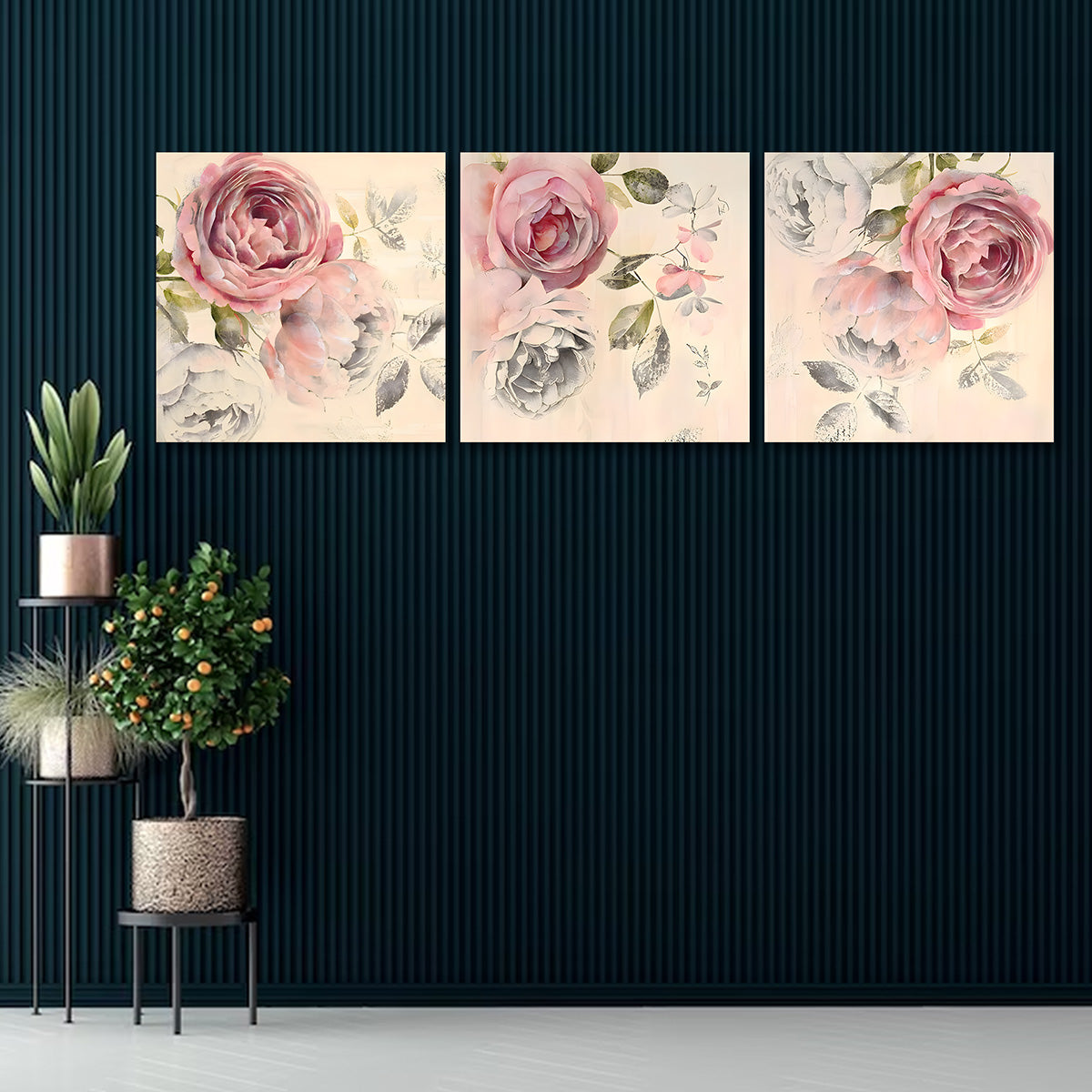 Elegant Floral Wall Art Set of 3 Panels | Vintage Rose Canvas Painting | Soft Pastel Flower Acrylic UV Printed Wall Decor (18 x 18 Inches Each Part)