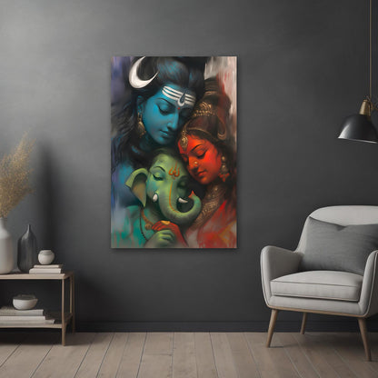Shiv Parvati Ganesh Divine Family Wall Painting | Spiritual Canvas Art for Home Decor
