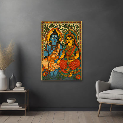 Shiv Parvati Traditional Folk Art Canvas Wall Painting | Hindu God Spiritual Wall Art for Home & Temple Decor