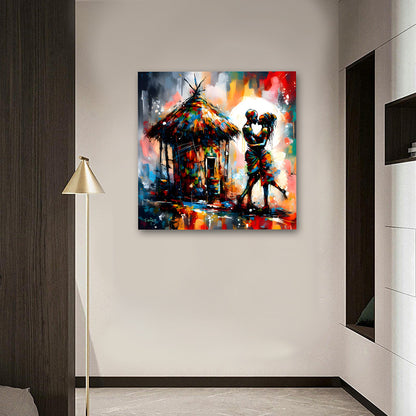 Romantic Couple Wall Painting | Colorful Love Canvas Art with Hut Scene for Home Decor