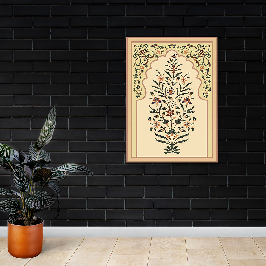 Floral Arch Canvas Wall Painting | Mughal Inspired Botanical Artwork | Elegant Traditional Wall Decor