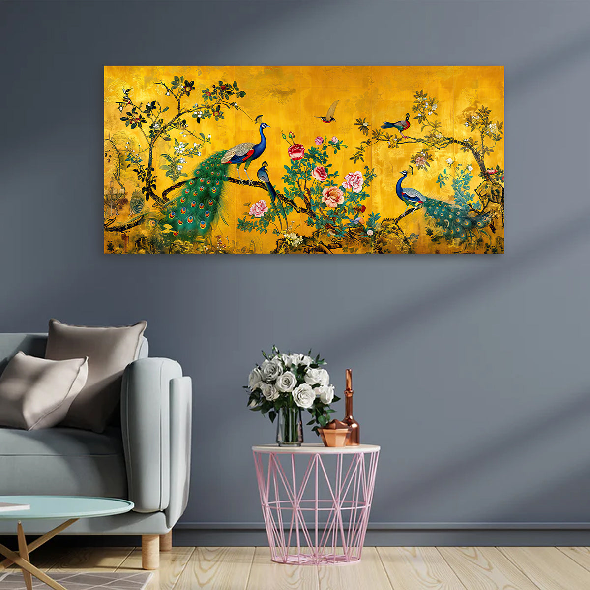 Royal Peacock Garden Canvas Wall Painting | Luxury Golden Floral Bird Artwork | Premium Statement Wall Decor