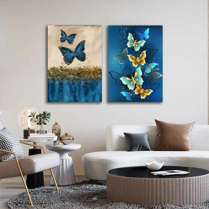 Blue Gold Butterfly Canvas Painting Set of 2 Modern Wall Art (18 x 24 Inches Each Part)