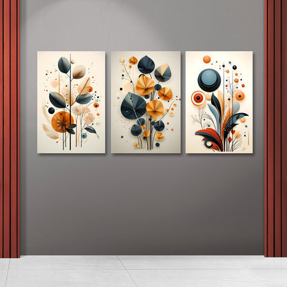 Abstract Botanical Geometric Wall Art Set of 3 Panels | Modern Floral Canvas Painting | Acrylic UV Printed Wall Decor for Living Room Bedroom (18 x 24 Inches Each Part)