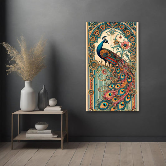 Elegant Peacock Art Canvas Painting – Vintage Ornamental Bird Wall Art Canvas Painting Frame for Living Room