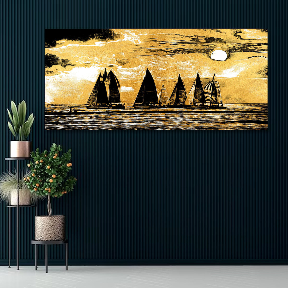 Golden Sailboat Sunset Canvas Wall Art Seascape Painting for Living Room