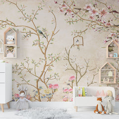 Premium Chirping Birds on Floral Wallpaper for Living Room, Bedroom, Office Walls Decor Wallpaper | Just Peel and Stick Self Adhesive Wallpaper