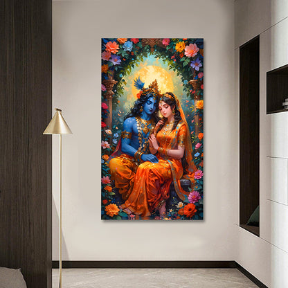 Radha Krishna Floral Canvas Painting Frame | Romantic Divine Couple Wall Art with Flower Arch | Large Spiritual Canvas Wall Decor for Living Room
