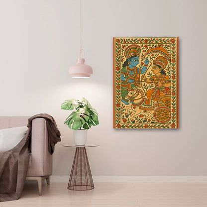 Krishna Arjuna Mahabharata Canvas Painting – Traditional Indian War Scene Wall Art Canvas Painting Frame for Living Room