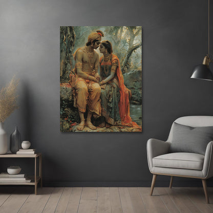 Radha Krishna Vintage Style Canvas Painting Frame Romantic Spiritual Wall Art for Living Room Décor