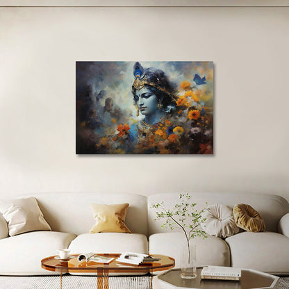 Lord Krishna Canvas Painting Frame Floral Artistic Wall Decor for Living Room Spiritual Artwork