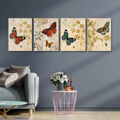 Vintage Butterfly Wall Art Set of 4 Panels | Classic Floral Canvas Painting | Acrylic UV Printed Wall Decor for Living Room Bedroom (12 x 18 Inches Each Part)