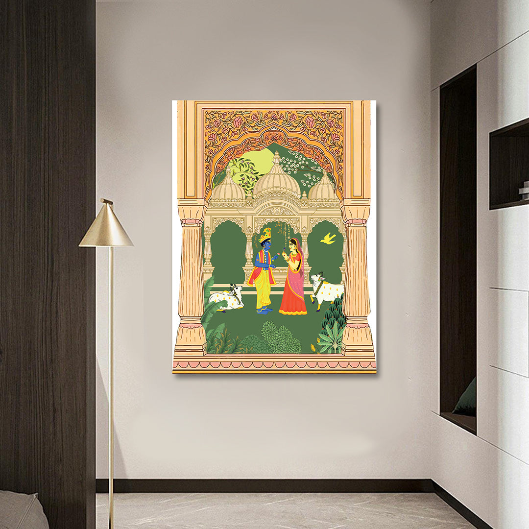 Radha Krishna Traditional Pichwai Style Canvas Wall Painting | Spiritual Indian Art Wall Decor | Premium Religious Artwork