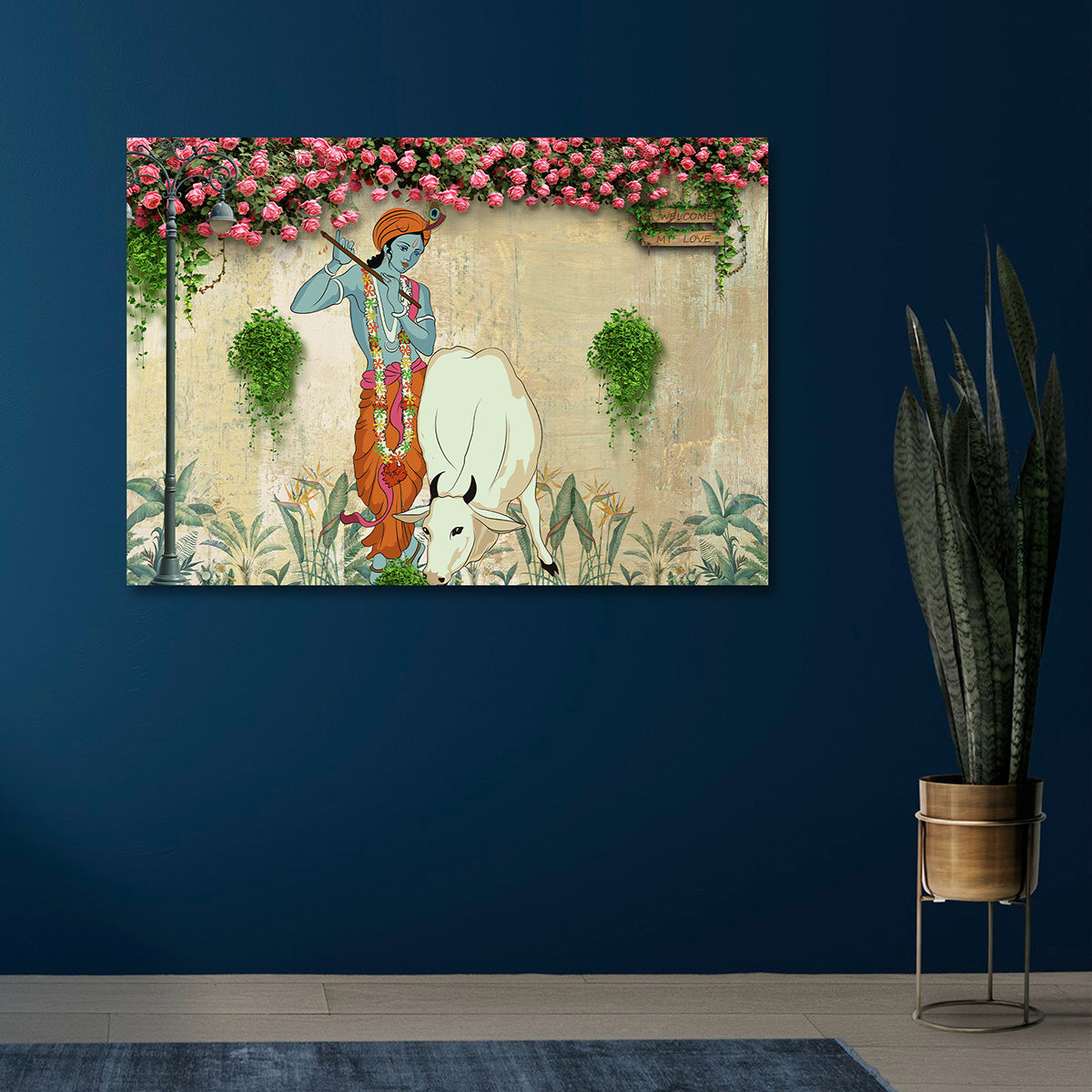 Lord Krishna with Cow Garden Style Canvas Painting Frame Wall Decor for Living Room Spiritual Artwork
