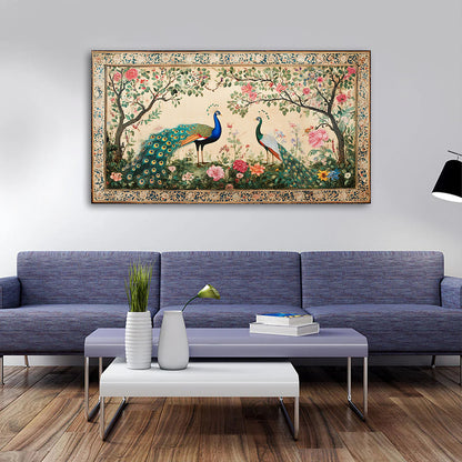 Royal Peacock Pair Mughal Garden Canvas Wall Painting | Vintage Floral Bird Artwork | Premium Heritage Wall Decor