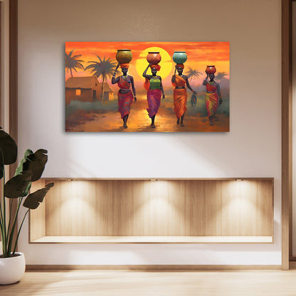 African Women Sunset Village Wall Painting | Colorful Ethnic Canvas Art for Living Room Decor