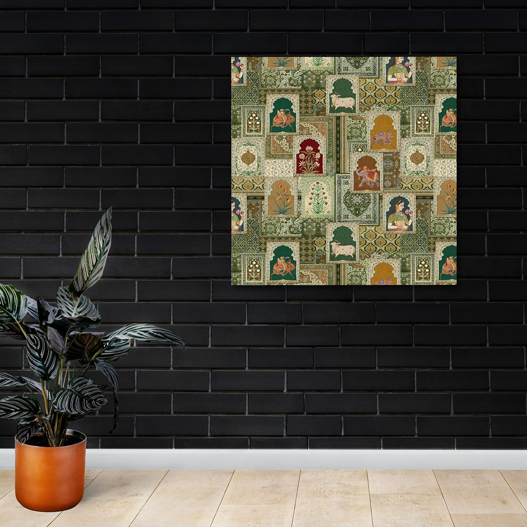 Mughal Patchwork Canvas Wall Painting | Royal Miniature Motif Collage Art | Vintage Indian Heritage Decor