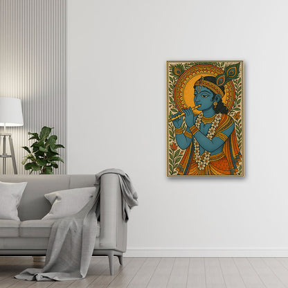 Lord Krishna Folk Art Canvas Painting – Traditional Flute Krishna Wall Art Canvas Painting Frame for Living Room