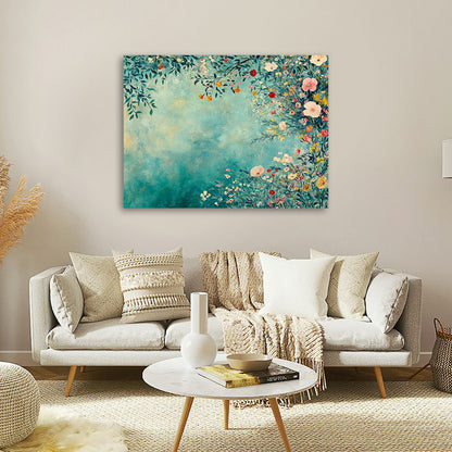 Elegant Teal Floral Landscape Canvas Wall Painting | Modern Nature Flower Artwork | Premium Aesthetic Wall Decor