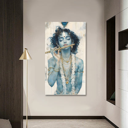 Minimal Lord Krishna Flute Canvas Painting Frame | Soft Tone Modern Krishna Wall Art | Elegant Spiritual Canvas Wall Decor for Living Room