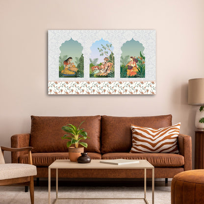 Royal Court Scene Canvas Wall Painting | Mughal Miniature Art Panel | Traditional Indian Story Artwork