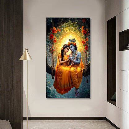 Radha Krishna Jhula Canvas Painting Frame | Golden Aura Romantic Wall Art | Premium Spiritual Canvas Wall Decor for Living Room