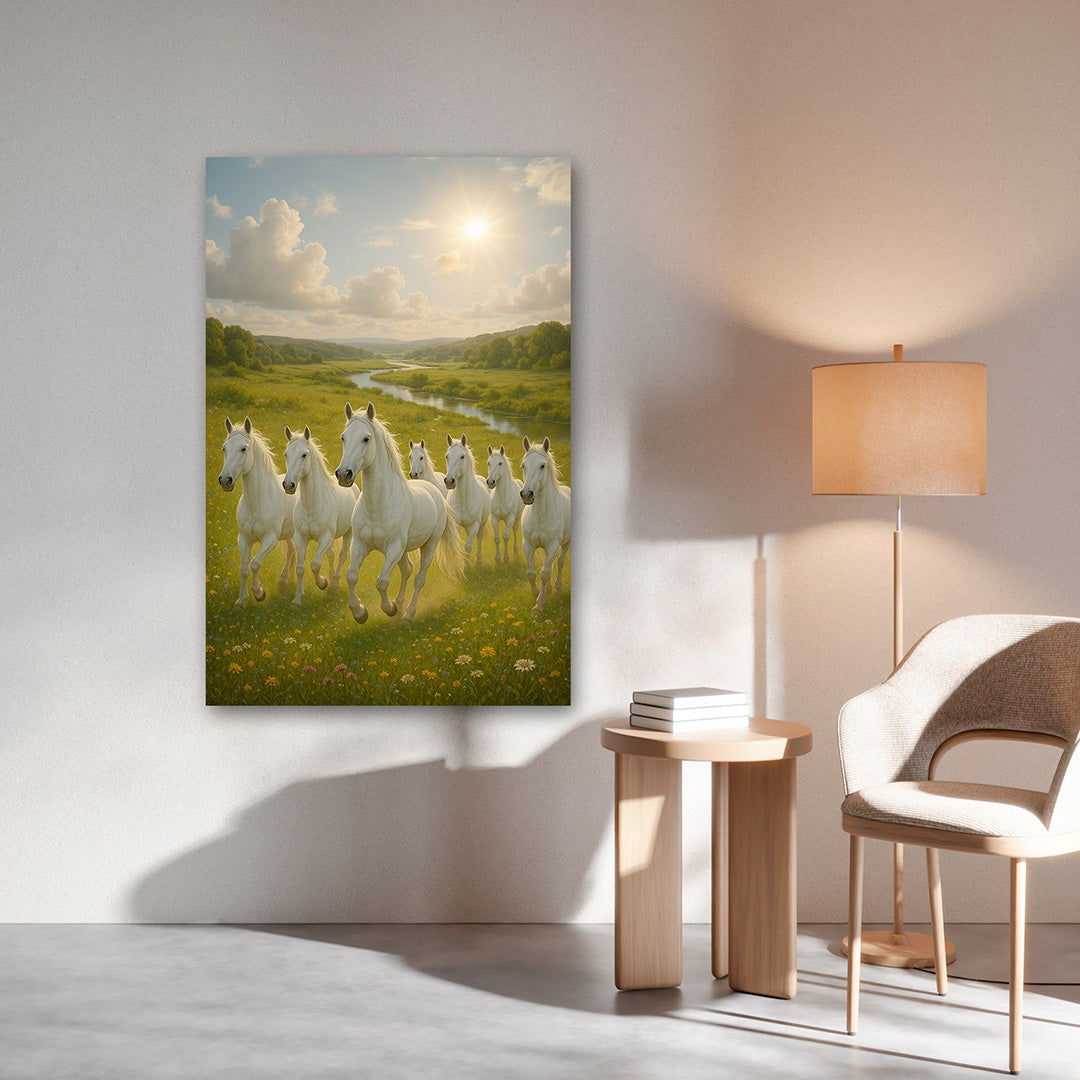 7 Running White Horses Meadow Painting | Nature Landscape Canvas Art for Vastu Home Decor