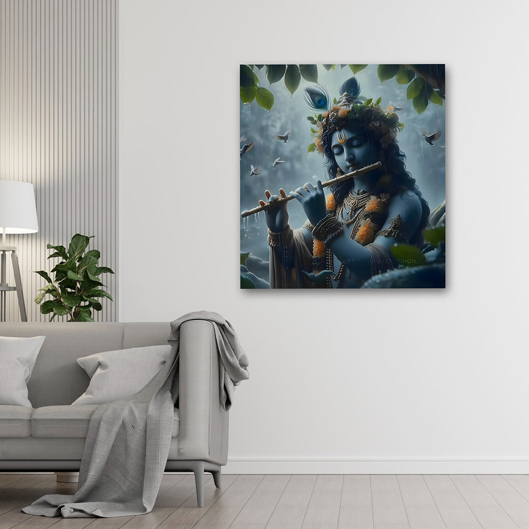 Lord Krishna Flute Wall Painting | Divine Spiritual Canvas Art for Home Decor